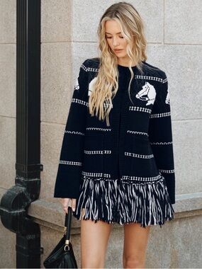 COMMENSE Horse-Pattern Wool Blend Fringe Cardigan XL